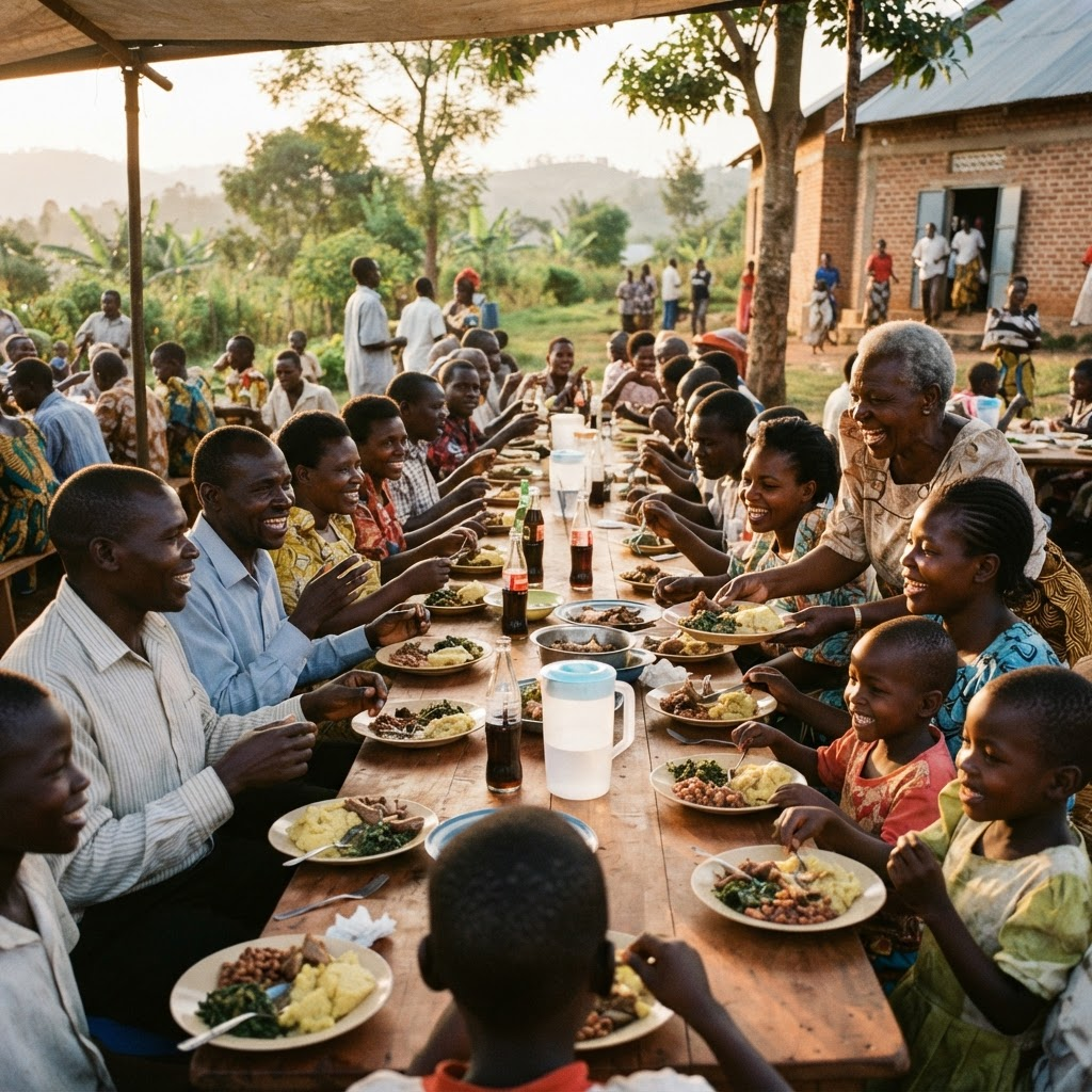 Families sharing a communal meal