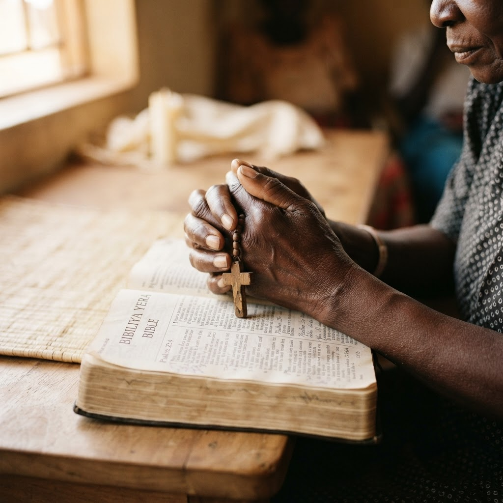 Hands clasped in prayer over an open Bible
